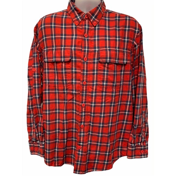 Duluth Trading‎ Co Men Red Plaid Roll Tab Long Sleeve Flannel Shirt Size Large L - Picture 2 of 10